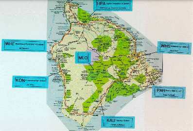 Locations of VOGNET instruments on Hawaii