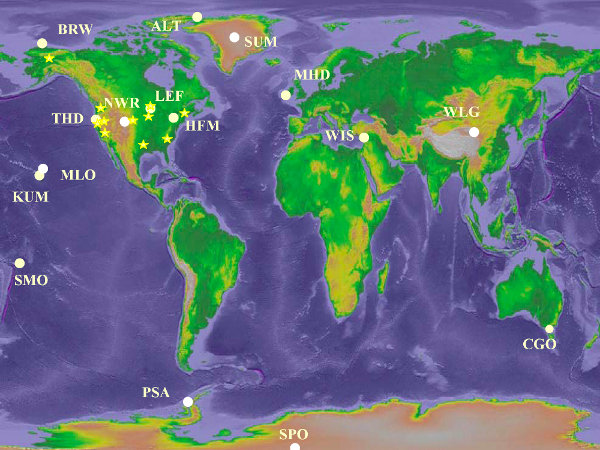 Locations across Earth's surface where regular measurements are taken